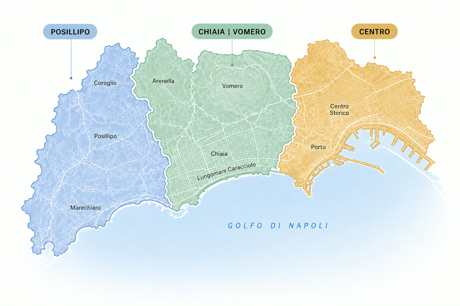 Mappa delle zone di Napoli: Posillipo, Chiaia/Vomero, Centro